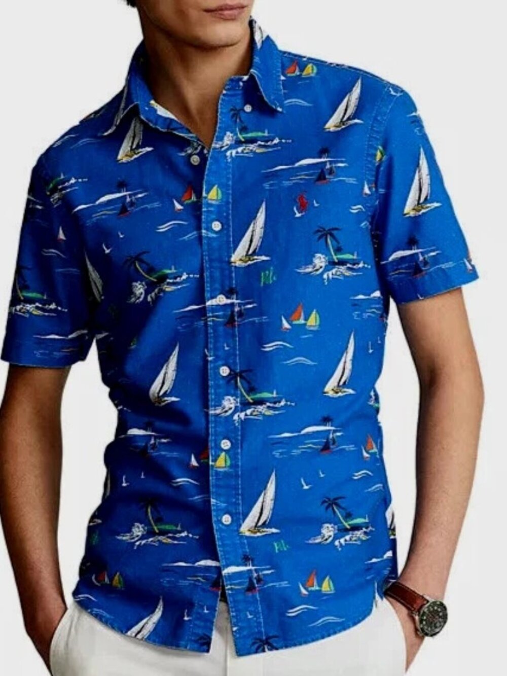 Polo Ralph Lauren Mens Sailing Print Blue Button-Up Shirt Classic Fit L